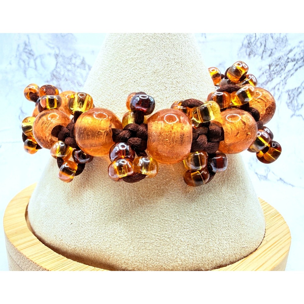 Honey Brown Glass Bead‎ Woven Cord Bracelet Copper Tone Toggle 8" Boho